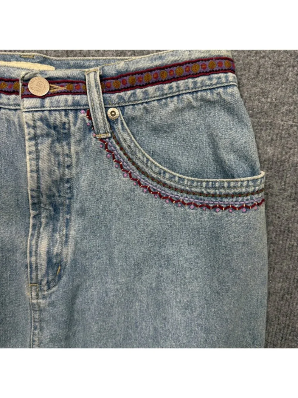 VTG Y2K 90s‎ Embroidered Beaded Denim Mini Skirt Western Boho Festival Size 6